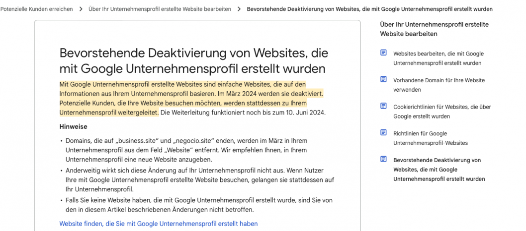 Google Business Websites werden abgeschaltet